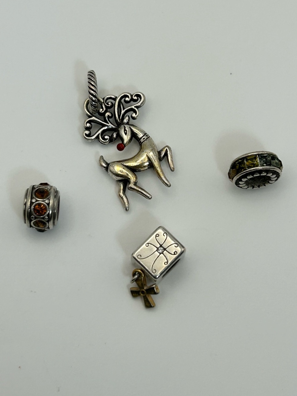 Brighton Reindeer, Cross Charms & Holiday Beads Lot of 4 Silver Plated Crystals